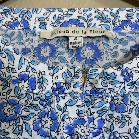 Anthropologie Saison de la Fleur Women’s Blue Floral Organic Cotton Top Chic S - Picture 3 of 11